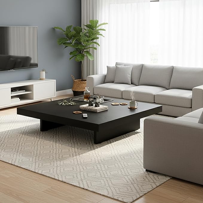 Modern Square Coffee Table for Living Room, Low Profile Wood Center Table with 2" Thick Tabletop & Optional Storage Tray, Sturdy Minimalist Design (31.5"/39.4" Black/Walnut)