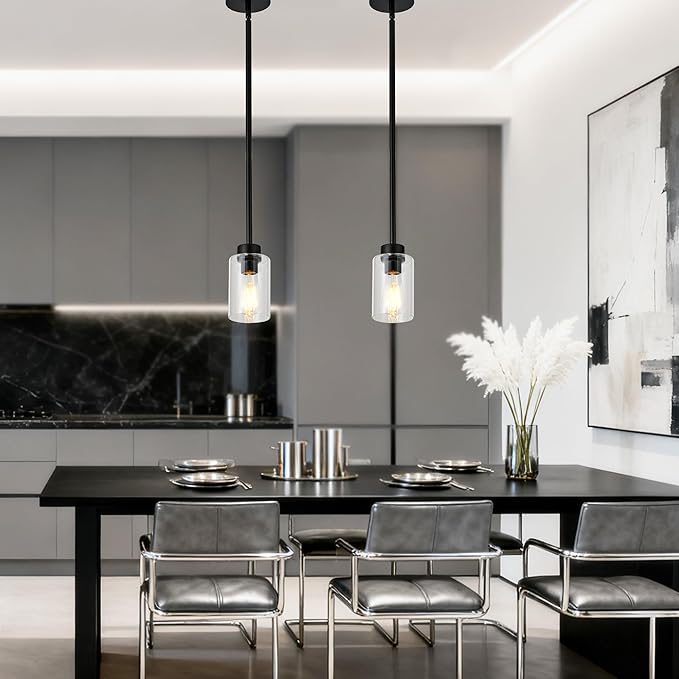 2 Pack Modern Black Farmhouse Clear Glass Cylinder,Black Pendant Lights Kitchen Island for Kitchen Light Fixtures