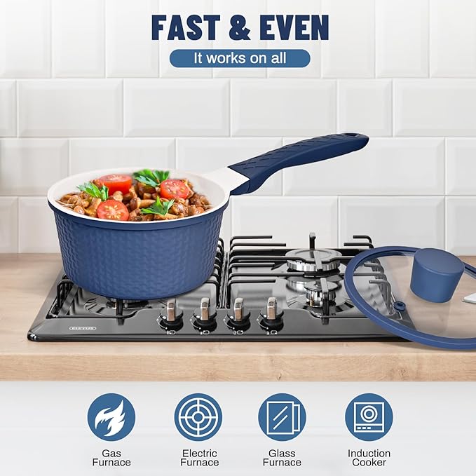 1.5QT Nonstick Saucepan with Lid - Granite Coating, PTFE & PFOA Free, Dishwasher Safe Small Cooking Pot for Milk, Sauce, Pasta