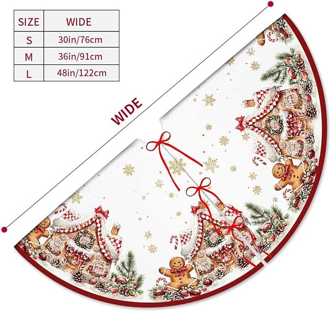Christmas Tree Skirt 36Inches Christmas Gingerbread Sweet Candy Lollipop Xmas Tree Skirt Mat for New Year Holiday Christmas Party Red Gold Decorations (Red, 36in)