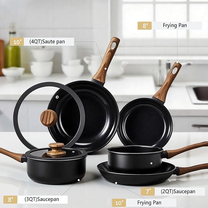 Bonnlo 17 PCS Non-Stick Cookware Set, Cast Aluminum Pots and Pans Set, Induction RV Kitchen Cook Set, Dishwasher Safe, PFAS PFOA & PFOS Free, Black, for Home