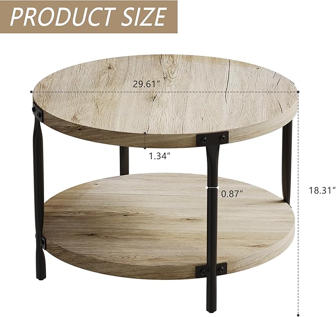 Wooden Round Coffee Table, 2-Tier Coffee Table, 29.61” Center Table with Metal Legs & Open Storage, Center Accent Table for Living Room, Natural Wood Color