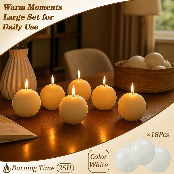 18 PCS White Round Candles,3 in Ball Candles Bulk Set,Dripless Unscented Smokeless，Whether You're Hosting a Wedding or Other Party, or Decorating Your Home,It's a Great Choice.