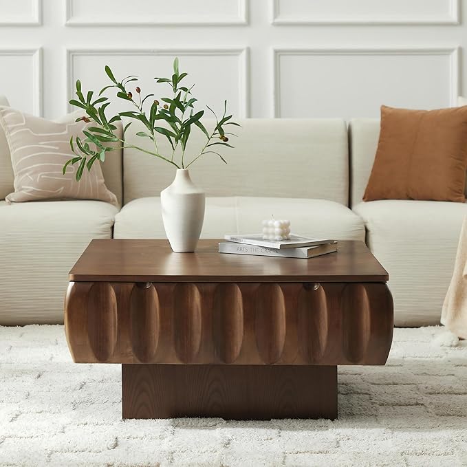 31.1" Square Lift-Top Coffee Table, Modern Fluted Tea Table with Hidden Storage for Living Room, Apartment or Office, Walnut