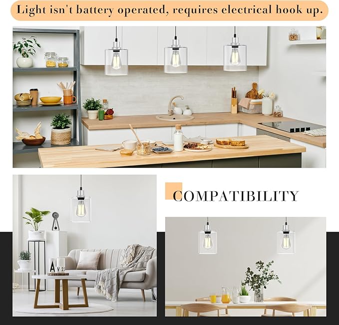 Pendant Light Kitchen Island Lighting 3 Pcs, with Bulb & Clear Glass Shade - 59 Inch Hanging Cord Farmhouse Hanging Lighting Fixture for Dining Room Bedroom Hallway - Brushed Nickel
