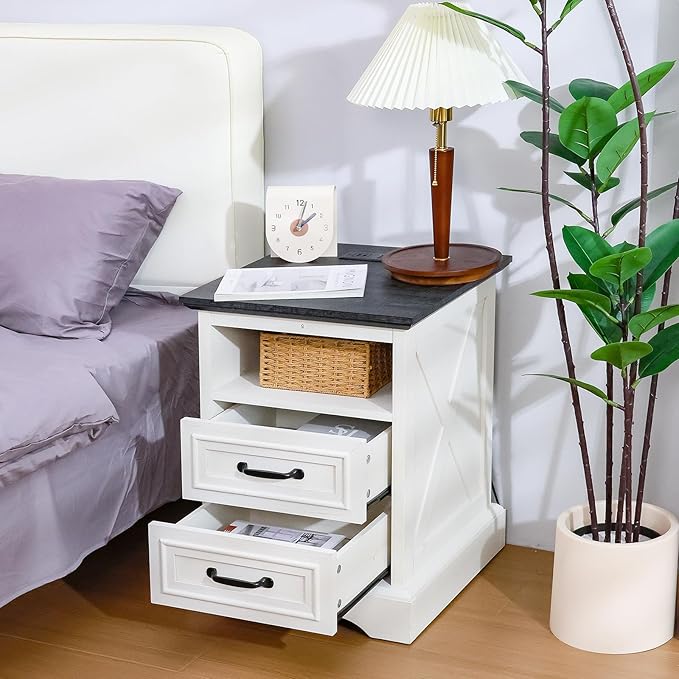 ALBAD Farmhouse Nightstand with Charging Station Rustic Bedside Table with 2 Drawers and Cubby Storage End Table with Metal Handle for Bedroom Office, Antique White