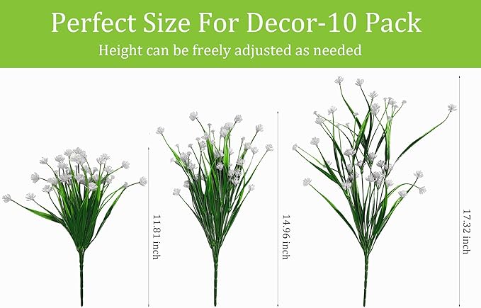 Plastic Artificial Flowers 10 Bundles Outdoor Artificial Fake Flowers Faux Plastic Shrubs Plants No Fade for Outdoor Porch Farmhouse White