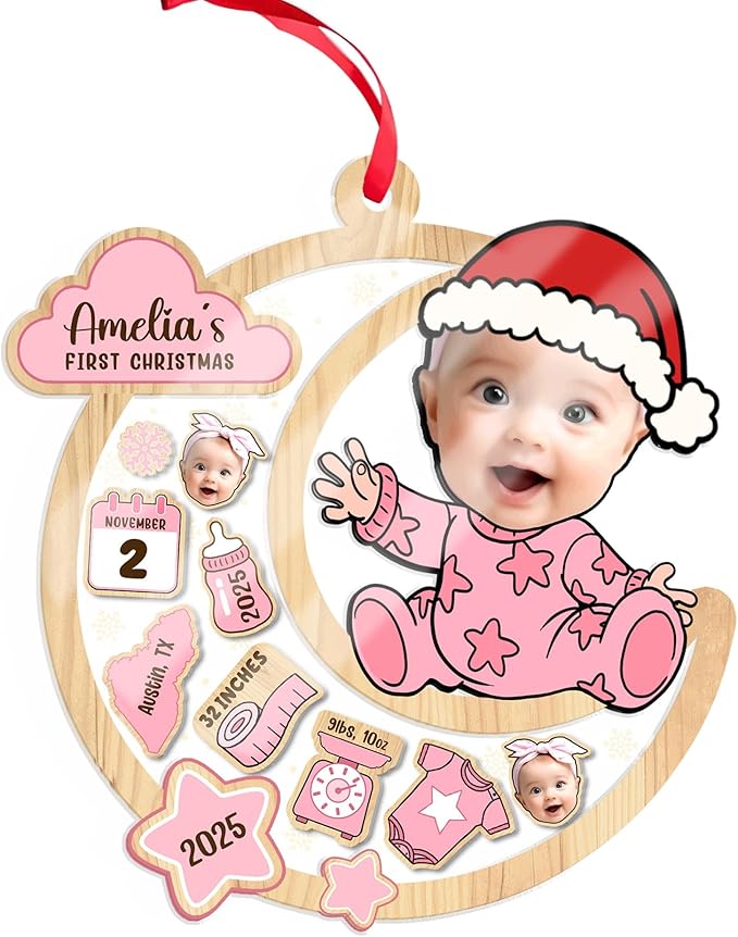 Personalized Baby's First Christmas Ornament 2025 - Custom Birth Stats Shaker Ornaments - Customized Photo Keepsake Ornaments - Xmas Tree Decoration - Gifts for Christmas