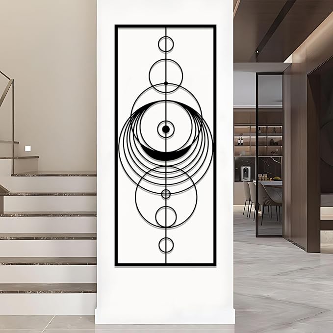 Hfrolixit Abstract Geometric Metal Wall Art, Circle Metal Wall Decor, Round Wall Decor, Mid Century Modern Wall Art, Large Boho Geometric Wall Hanging, Luxury Wall Hanging (Silver, 59"x25"/150x63cm)
