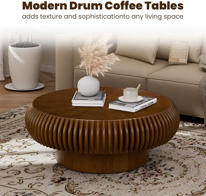 31.5" Drum Coffee Table Modern Unique Fluted Tea Table Contemporary Wood Round Coffee Table with Fluted Centry Table for Living Room Walnut (31.5" Walnut)