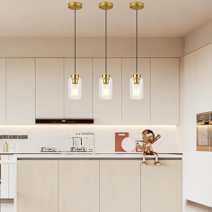 Hanging Kitchen Lights Over Island Burshed Brass with Clear Glass Shade, 3 Pack Small Chandelier Farmhouse Pendant Light for Kitchen Island Dining Room Hallway