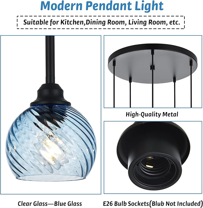 5 Light Cluster Pendant Lighting with Striped Swirl Globe Glass Blue Pendant Light for Kitchen Island, Modern Dining Room Light Fixtures Over Table Hanging Ceiling Light, E26 Base