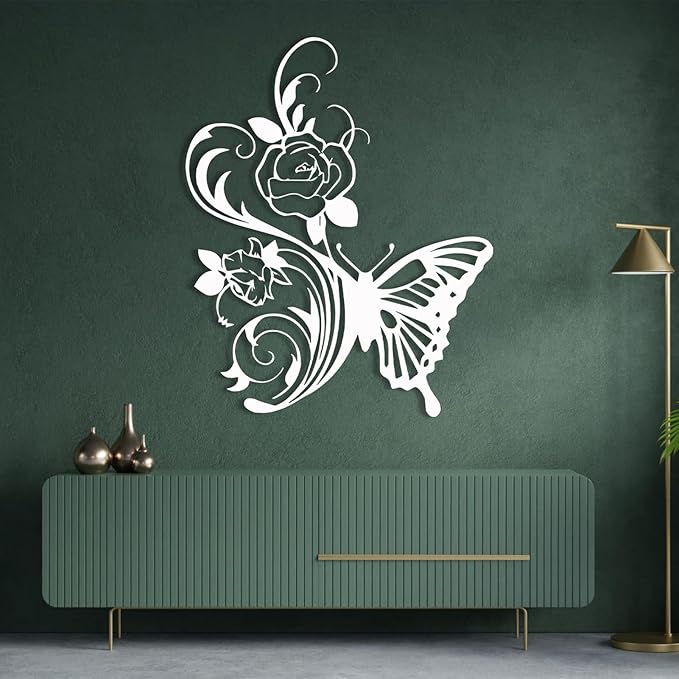RUNBOAT Metal Flower Butterfly Wall Art - Butterfly And Flowers Wall Decor, Floral Wall Sculpture for Living Room, Bedroom (White, 39x32in|100x81cm)