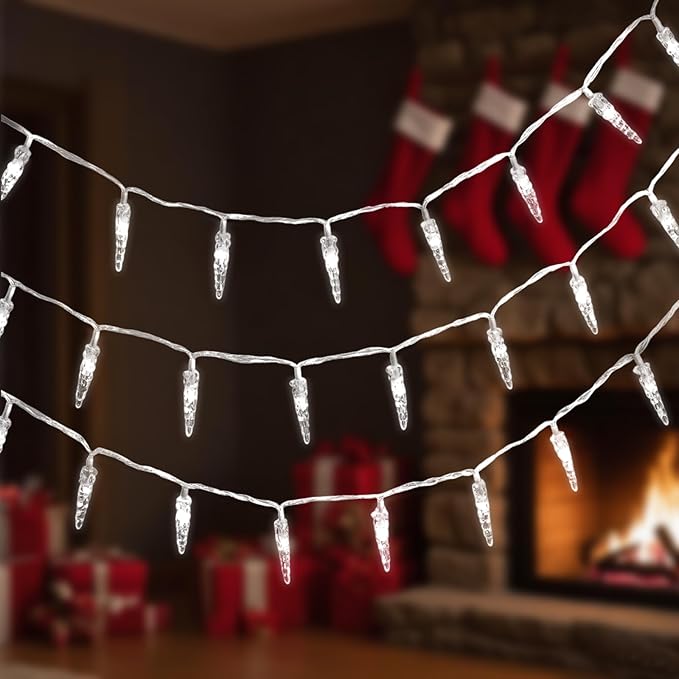Christmas Icicle Lights Indoor，20ft 40 LED Icicle String Lights Battery Operated Powered Christmas Lights for Indoor Winter Christmas Decorations