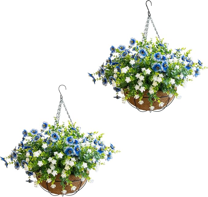 Artificial Hanging Plants Flowers with Basket 2 Packs, Artificial Hanging Flowers for Outdoors, Faux Hanging Plants Outdoor, White+Blue