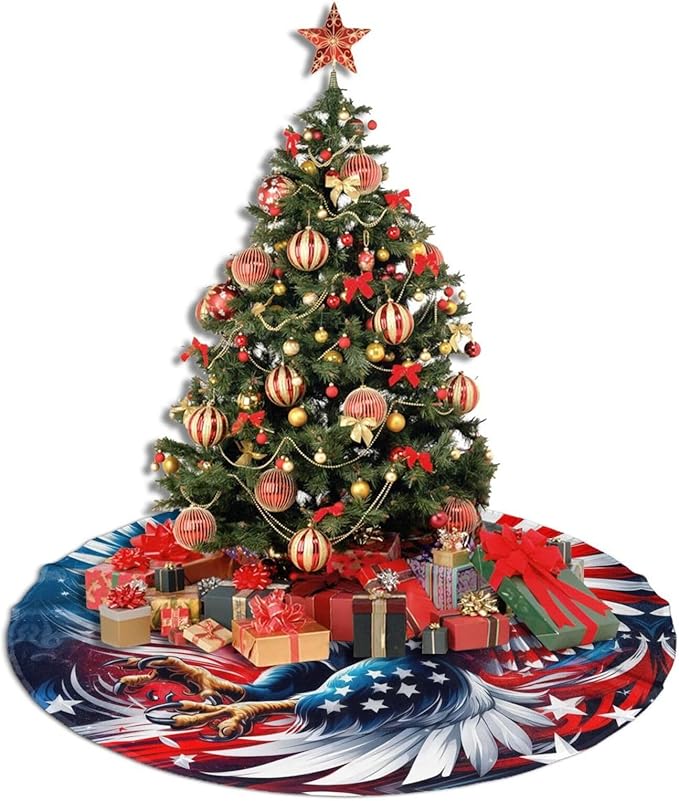July 4th American Flag Patriotic USA New York Eagle Tree Skirt 30" Tree Mat for Christmas Xmasn Festive Party Yard Decorations Indoor Outdoor Ornaments