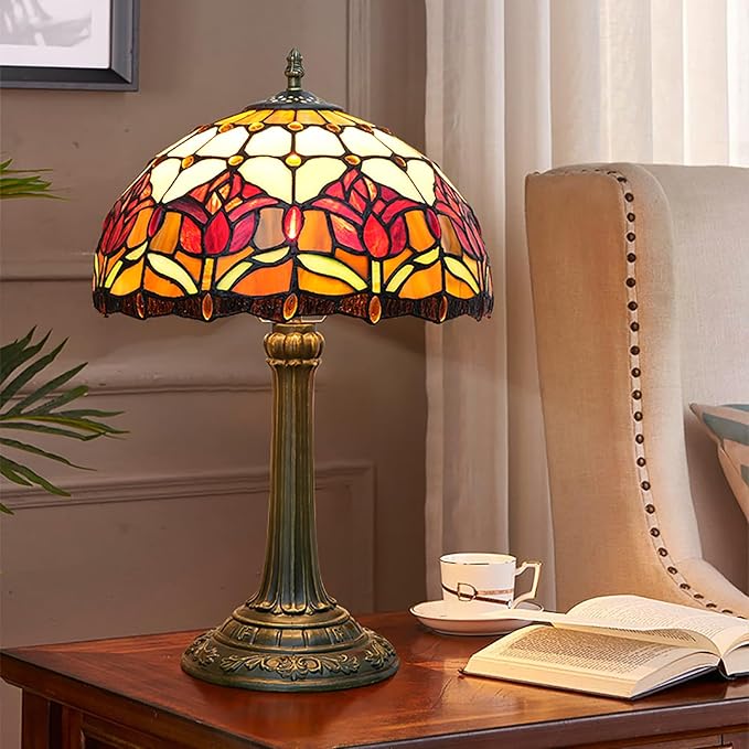 Red Tulip Tiffany Style Stained Glass Table Lamp Bed Room Bedside Reading Desk Light for Living Office Dormitory Bar Retro Unique Cute Accent Decor Cottage 12" Village Gift Nightstand Lamps