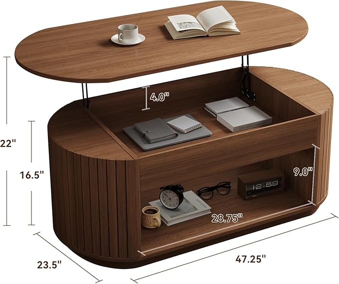 47 Inch Lift Top Coffee Table with Storage for Living Room, 2-Tier Rustic Lift Up Tabletop Mid Century Center Tables with Hidden Compartment for Apartment, Dark Walnut Brown