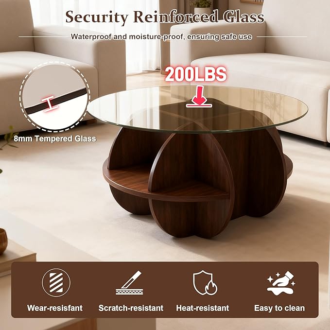 Modern Round Coffee Table, 31.5'' Glass Coffee Tables for Living Room with Storage ，Walnut Brown Circle Center Table with Tempered Glass-Top and Wooden MDF Frame, for Small Spaces (Walnut Style 2)