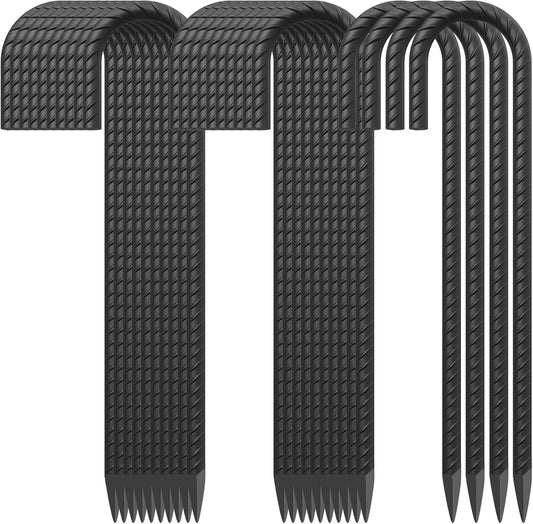 16 Inch Rebar Ground Stakes 24 Pack Heavy Duty J Hook Ground Anchors 3/8 Inch Diameter Steel Rebar Tent Stakes with Chisel Point End for Chain Link Fence, Canopy and Trampoline, Black