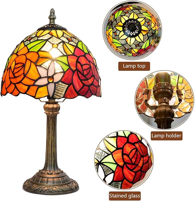 Tiffany Lamp - Rose Flower Stained Glass Table Lamp 8x8x14 Inches - Rose Flower Style Desk Reading Light - Bedroom & Living Room Decor