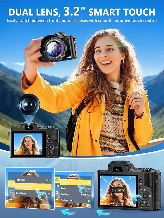 8K Digital Camera, 88MP WiFi Cameras for Photography with 3.2" Touchscreen, 16X Zoom Autofocus Vlogging Camera for YouTube Video, Anti-Shake, Dual Camera, 2 Batteries, 64GB Card, Flash, Lens Hood