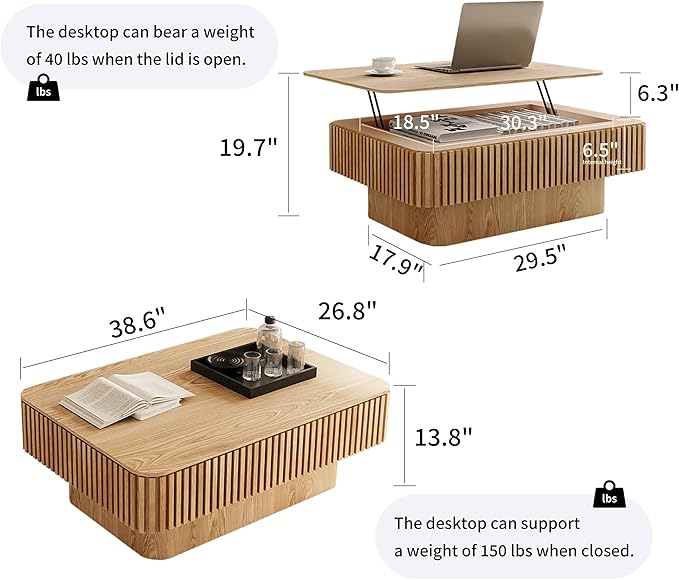 38.6" Lift Top Coffee Table, Modern Fluted Tea Table with Hidden Storage for Living Room, Apartment or Office, Natural Wood