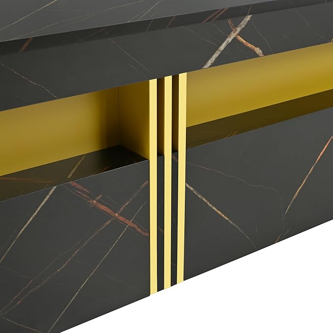 Merax 43.3" Modern Square Storage Coffee Table with 4 Drawers, with Marbling Gold Accents, Functional Center Tables for Living Room Apartment, Black