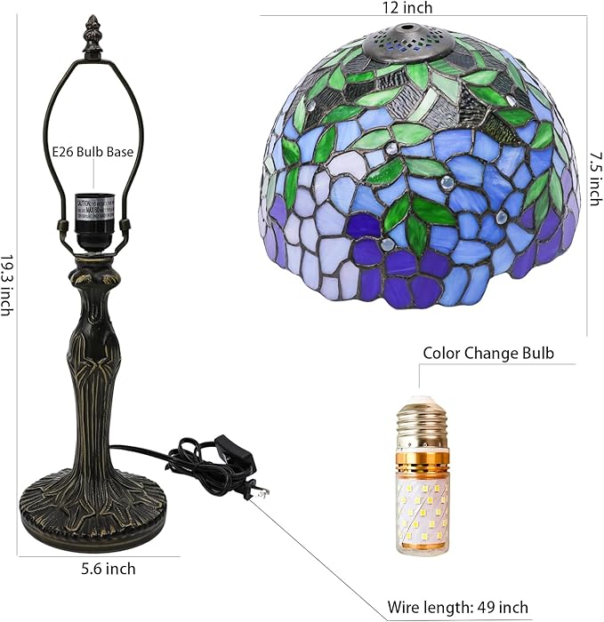 Stained Glass Table Lamp, Blue Green Leaves Style Lampshade & Plant Texture Curve Antique Base Desk Reading Light 12X12X19 Inches Decor for Bedroom Living Room Office