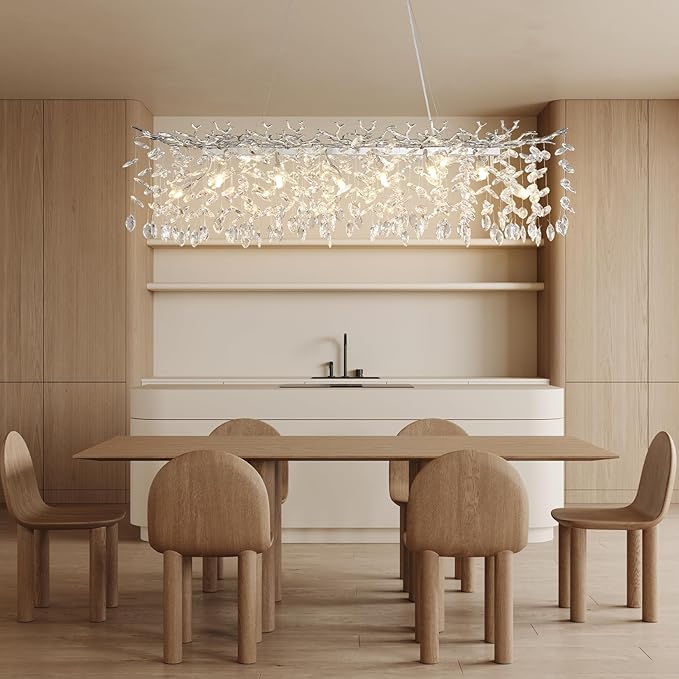 YUYI 47" Silver Crystal Chandelier, 14-Light Modern Tree Branch Chandelier, Luxury Rectangular K9 Crystal Raindrop Chandeliers for Dining Room, Kitchen Island, Living Room, Contemporary Light Fixture