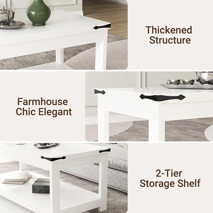 Homieasy Coffee Table with Storage Shelf, 43.3” Farmhouse Wood Coffee Tables for Living Room, Modern Center Tea Table, White