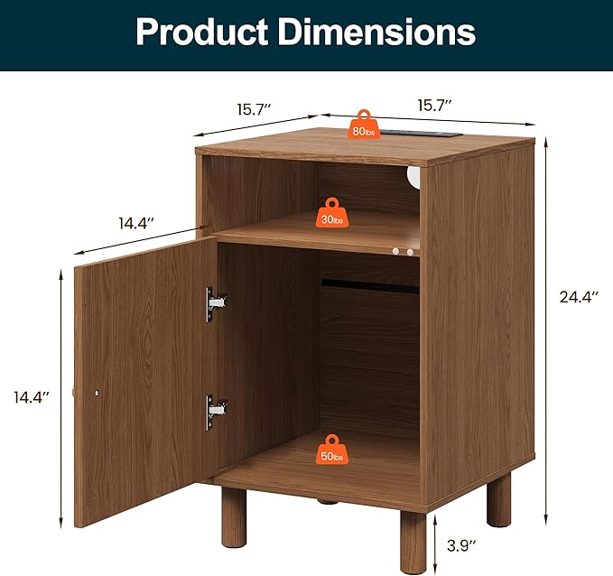 RoyalCraft Nightstand Set of 2, Modern Side Table with Charging Station, Accent End Table with Solid Wood Legs, Bedside Table for Bedroom, Entryway, Brown