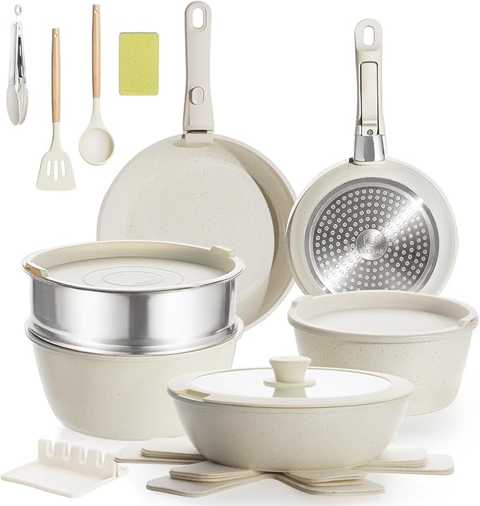 Nonstick Ceramic Cookware Set 21PCS with Detachable Handle, Pans and Pots Set, RV Kitchen Set Cookware Set, with Removable Handles, Oven Safe, Induction Ready, Stackable Non-stick Set
