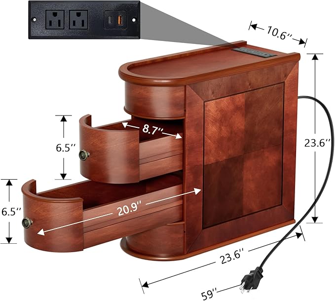 ROOMTEC Solid Wood End Table with Charging Station,Narrow Side Table with USB Ports and Outlets,No Assembly,Slim Chair Side Table,Narrow Sofa Side Table for Living Room Bedroom
