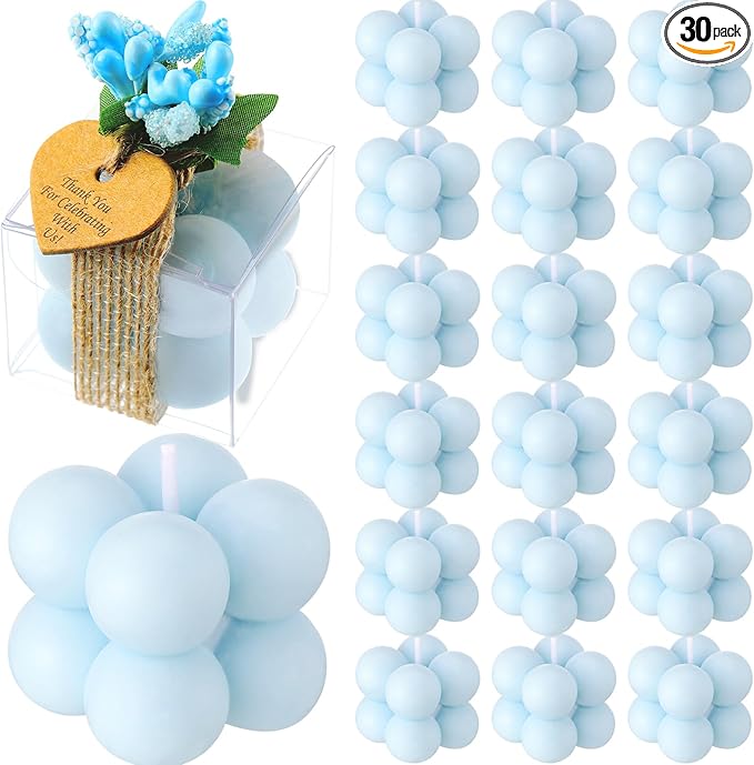 MTLEE 30 Sets Mini Bubble Candles Wedding Favors Gifts for Guests 1.57" x 1.38" Bubble Candles with Cards Dried Flowers DIY Gift Set for Baptism Party Bridal Shower Thank You Gifts (Blue)