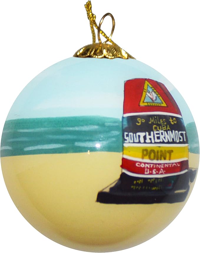 Blown Glass Christmas Ornament | Buoy & Beach Southern Most Point Key West | Hand Painted Inside | Original Art | Includes Gift Box