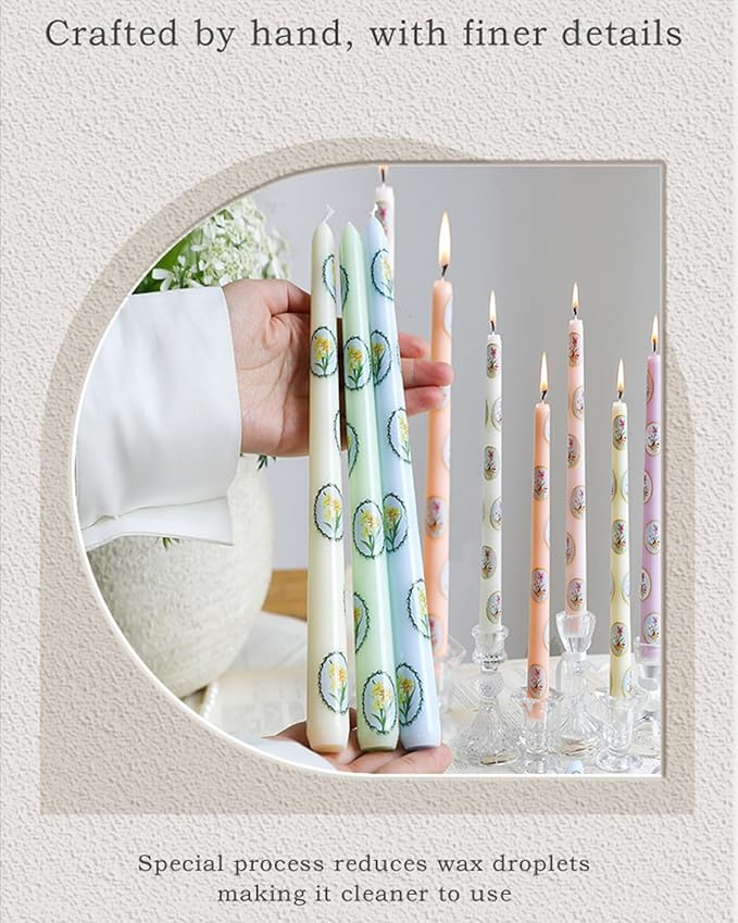 Floral Taper Candle Dripless Colored Tall Candlesticks 10inch Handmade Unscented Long Smokeless Tapered Candle Holiday Party Celebrate-6pcs