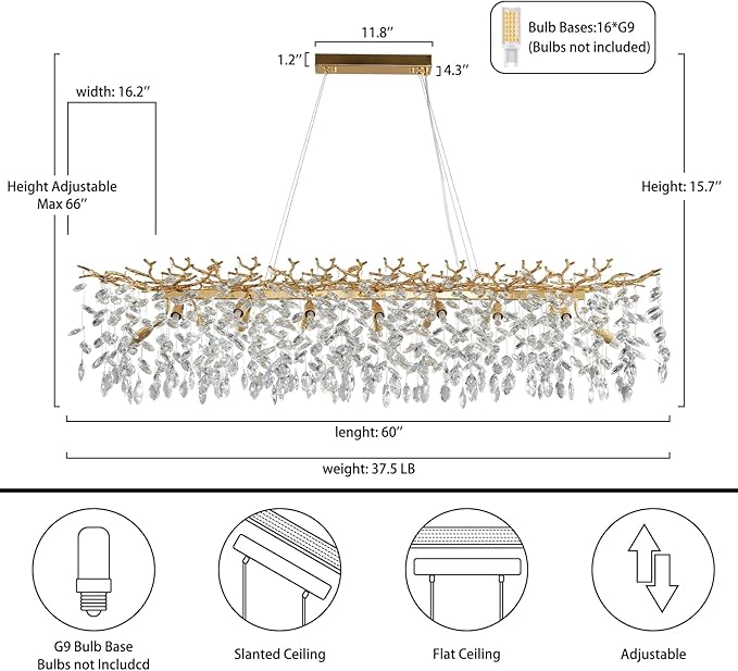 YUYI Modern Crystal Chandelier, 60" Gold Tree Branch Chandelier, 16-Light Rectangular Chandeliers for Dining Room, Kitchen Island, Living Room, Luxury Top K9 Crystal Raindrop Light Fixture - Upgraded