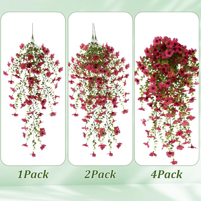 EROCK Artificial Flowers for Outdoors, 4PCS Fake Silk Hanging Flowers for Decoration UV & Fading Resistant, Realistic Faux Plants & Flowers for Porch Patio Balcony Window Box Home Decor (Rose Red)
