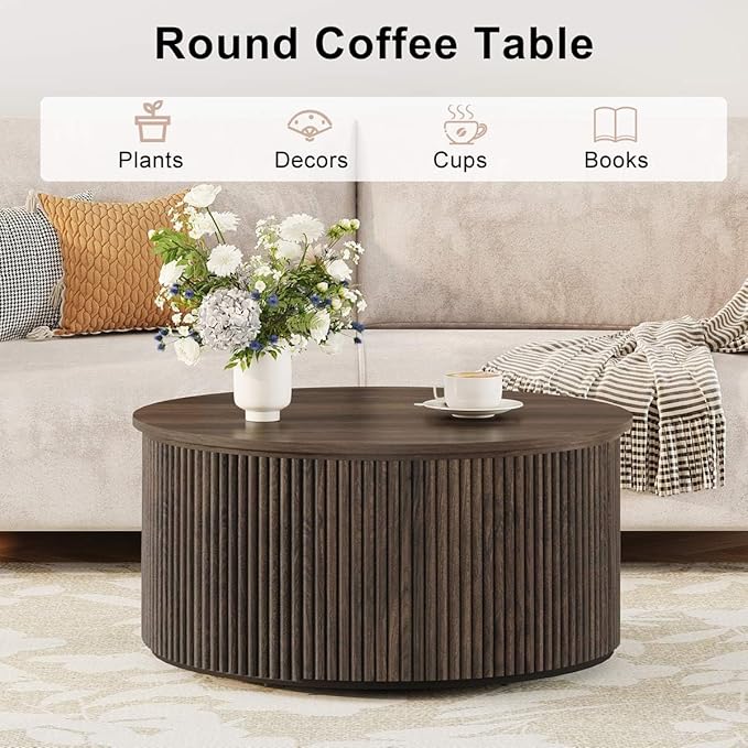 FATORRI Round Coffee Table, Fluted Woodern Center Table with Storage, Mid-Century Modern Cocktail Tables for Small Space, Living Room, Bedroom (31.5 Inch, Dark Walnut)