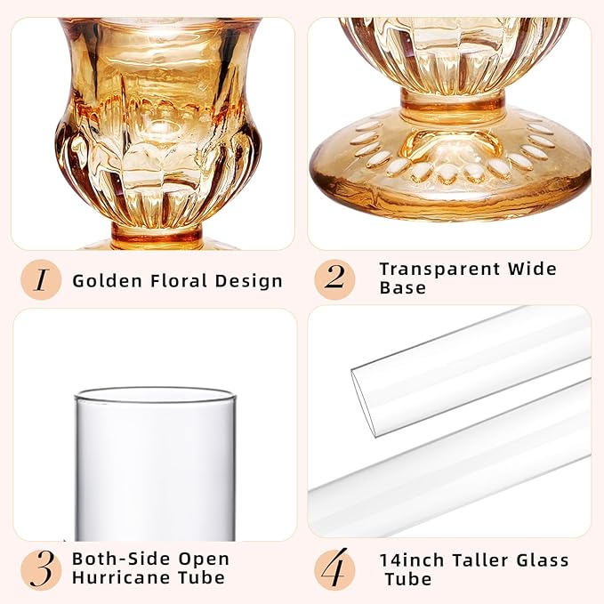 CHILL RECIPE Glass Hurricane Candlestick Holders 14" Tall Cylinder Candle Holder Chimney Tube, Floral Taper Crystal Candle Stick Holder for Birthday Wedding Christmas Home Decor(6Pcs Gold)