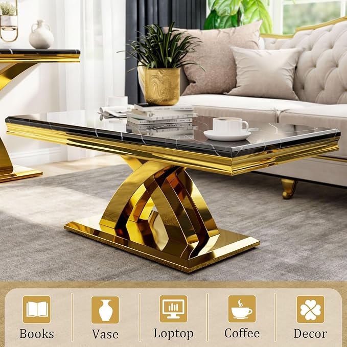 AUZ 3 Pieces Black Gold Living Room Table Set, Coffee Table and 2 End Side Table with X-Shape Design Polished Stainless Steel Frame