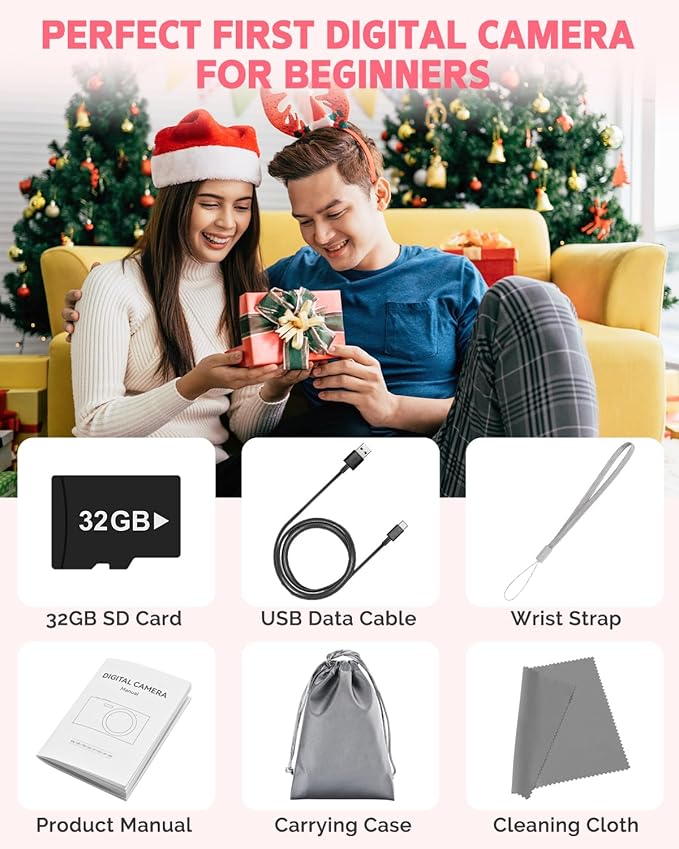 Digital Camera, 48MP FHD 1080P Point and Shoot Camera with 16x Zoom, Anti Shake Compact Portable Camera for Photography with 32GB Card, Autofocus Camara for Kids, Beginners, Teens, Pink