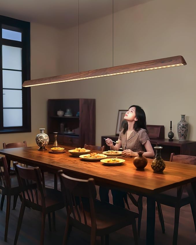 57" Wood Linear Pendant Light, Dimmable Kitchen Island Lighting with Remote, 30W LED Island Lights for Kitchen, Adjustable Linear Chandelier for Dinning Room Light Fixture, Bar, Pool Table Light