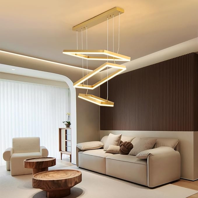 Modern Chandeliers for Living Dining Room, 3-Ring Rectangular LED Chandelier Light Fixture with Remote Control Dimming, Hanging Pendant Light with Adjustable Height, Gold