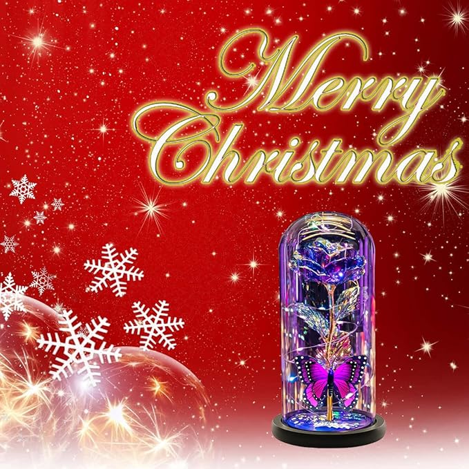 Christmas Flowers Gifts for her Women Mom Wife,Womens Gifts for Christmas, Rose Flowers Gift Light Up Rose in Glass Dome,Birthday Gifts for Woman Purple