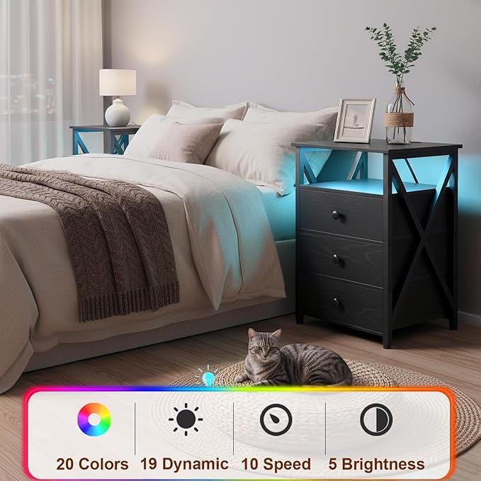 AMHANCIBLE Night Stand Set 2, LED Nightstand with Charging Station, End Side Tables with USB Port & Outlet, Bedside Table with Fabric Drawers for Bedroom Living Room, Black, HET053LBK