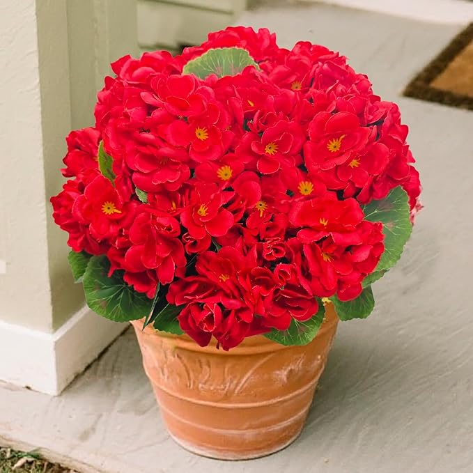 UV Resistant Red Geranium Fake Outdoor Flowers Christmas Decor- 6 Bundles Realistic Silk Artificial Flowers for Outside for Planter Hanging Basket, Faux Plants for Garden Porch Yard Home Décorations