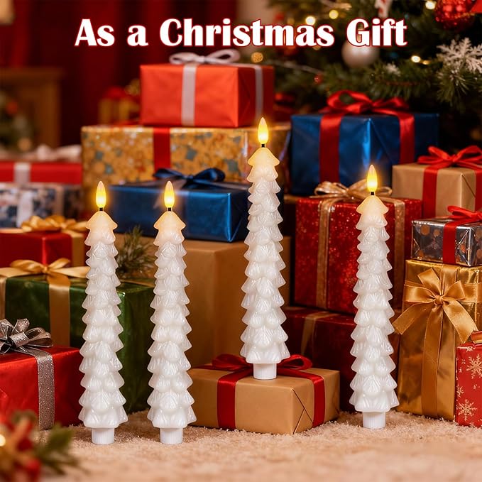 Christmas Tree Candles with Remote Timer, 4 Pcs Waxy Flameless Taper Candles Flickering, Battery Operated LED Candlesticks with 3D Flame Wick, White Window Candle for Christmas Decorations