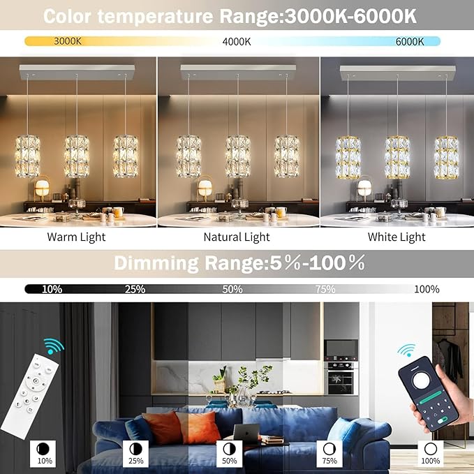 3-Lights Rectangle Modern Crystal Pendant Lights for Kitchen Island LED Dimmable Glam Pendant Lighting Chandelier for Dining Room Hallway Corner Lamp Nickel